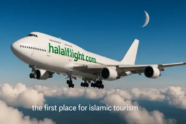 Illustration of a Halal Flight aircraft above clouds beneath a crescent moon.